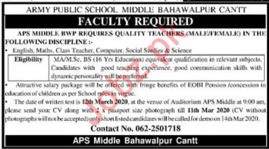 Army Public School Middle Bahawalpur Cantt Faculty Jobs 2020