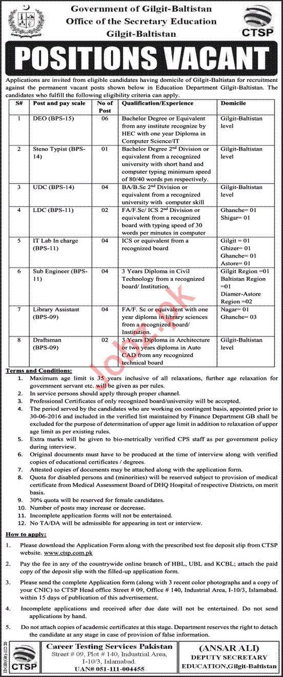 Education Department Gilgit Baltistan Jobs 2020