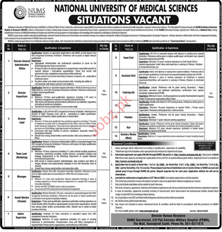 National University of Medical Sciences NUMS Jobs 2020