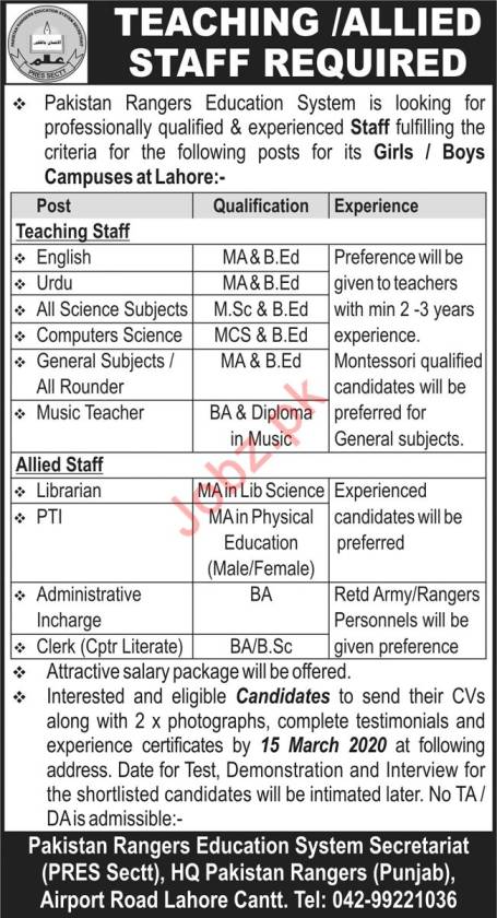 Pakistan Rangers Education System Jobs 2020