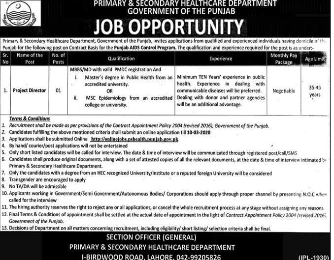 Primary and Secondary Healthcare Department Punjab Jobs 2020,