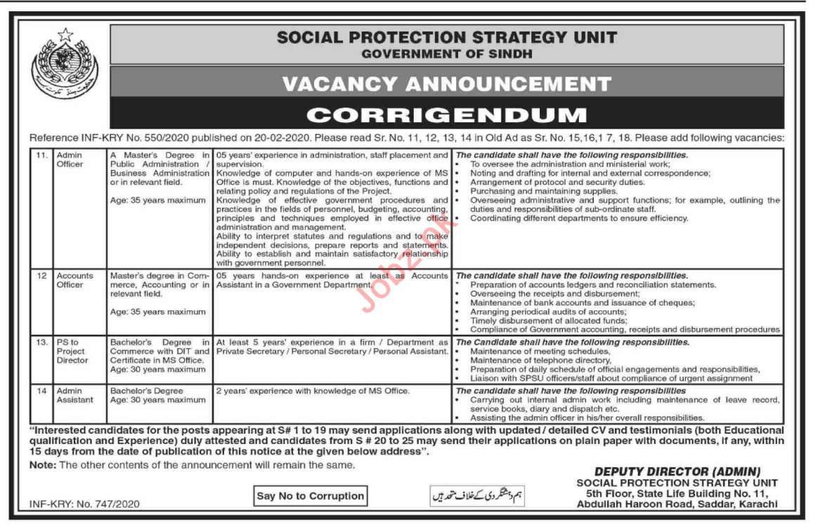 Social Protection Strategy Unit (SPSU) Sindh Jobs 2020