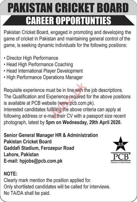 Pakistan Cricket Board PCB Lahore Jobs 2020