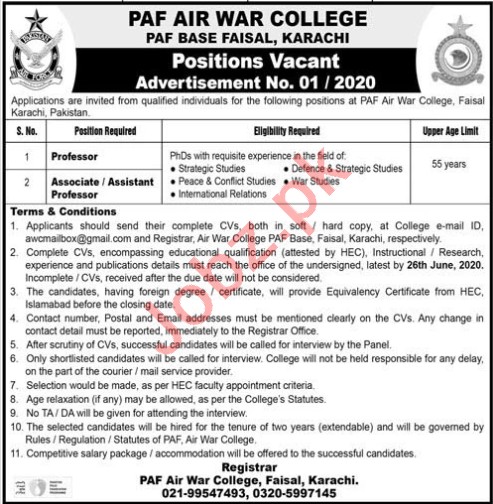 PAF Air War College Karachi Jobs 2020