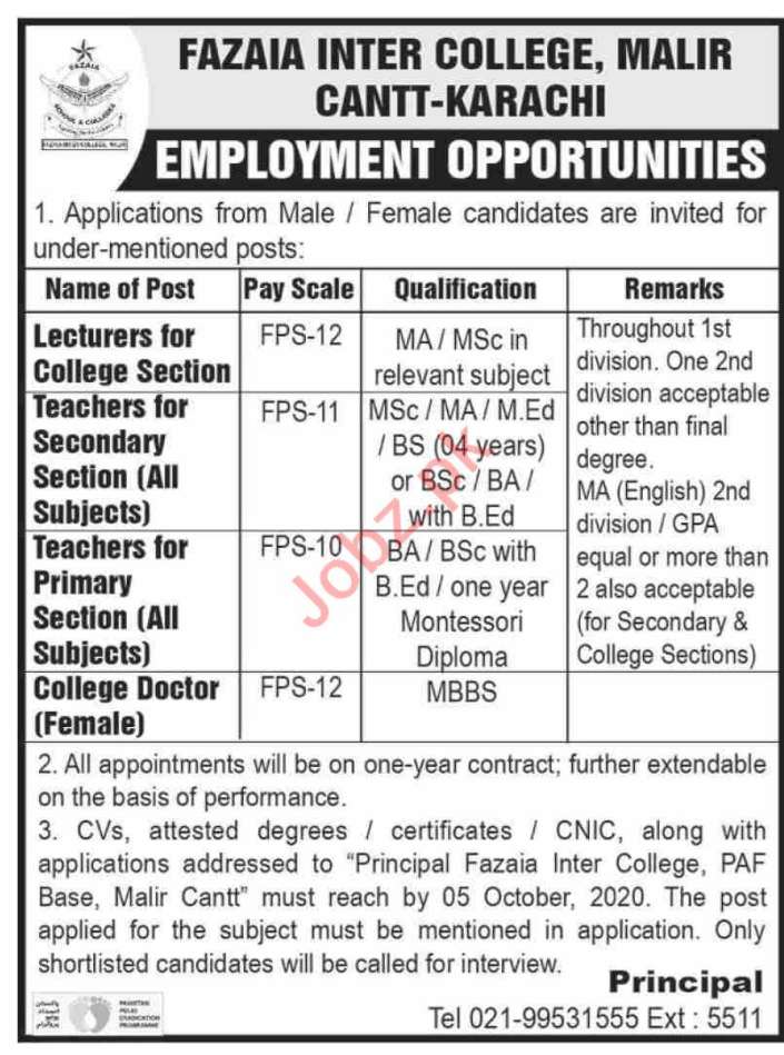 Fazaia Inter College FIC Karachi Jobs 2020