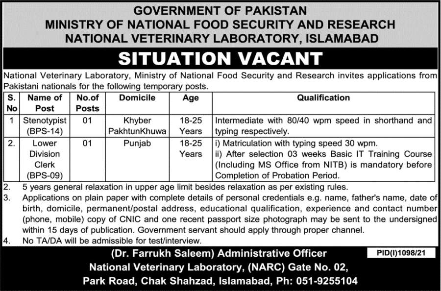 Ministry of National Food Security & Research Islamabad Jobs 2021