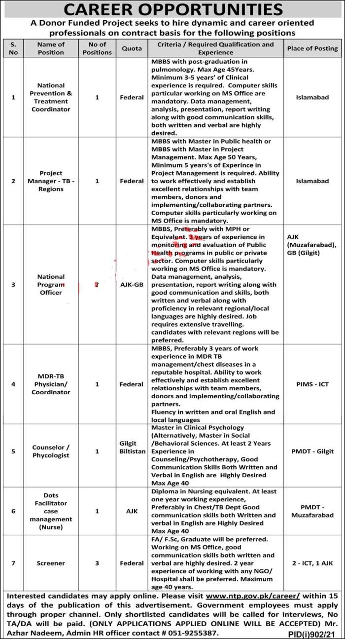 National TB Control Porgramme Islamabad Jobs 2021