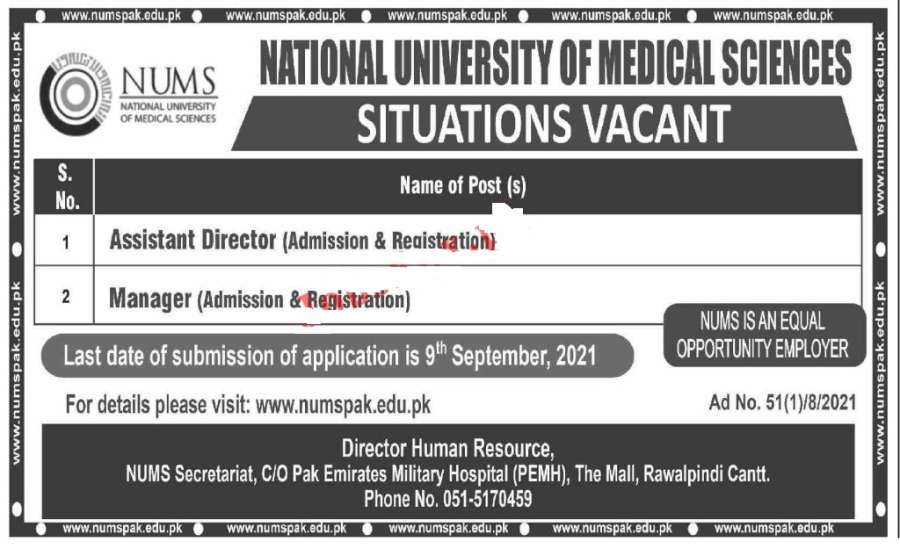 National University of Medical Sciences NUMS Rawalpindi Jobs 2021