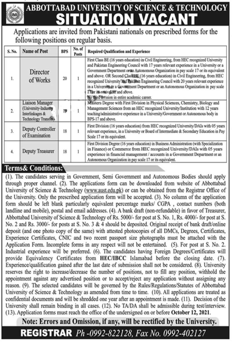Abbottabad University Of Science And Technology AUST Jobs 2021