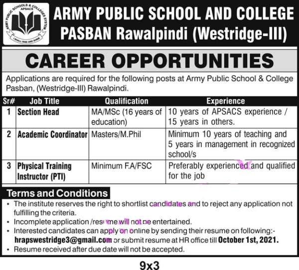 Army Public Schools & Colleges System Jobs 2021