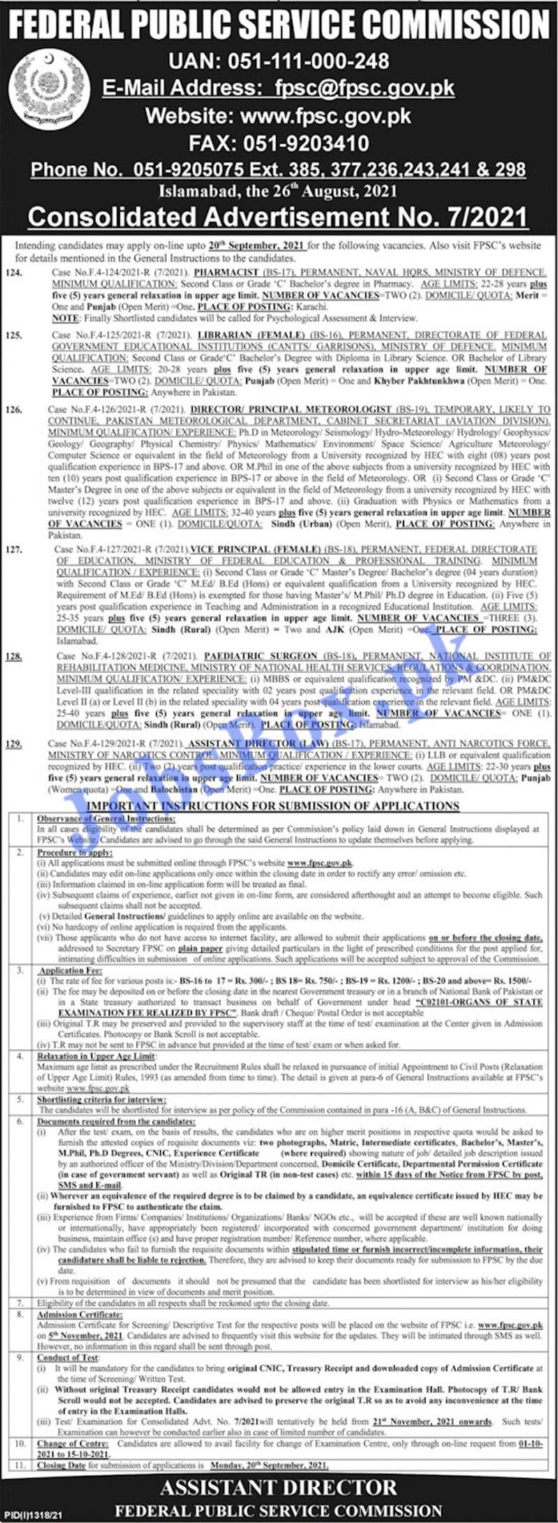 Federal Public Service Commission FPSC Islamabad Jobs 2021
