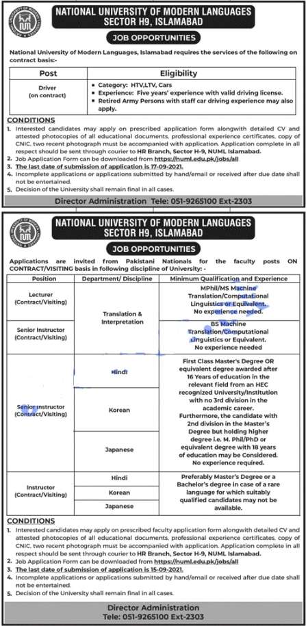 National University of Modern Languages NUML Islamabad Jobs 2021