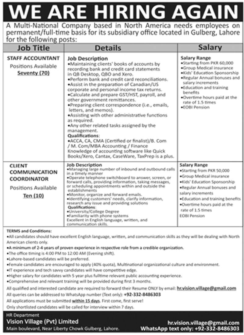 Staff Accountant Lahore Jobs 2021