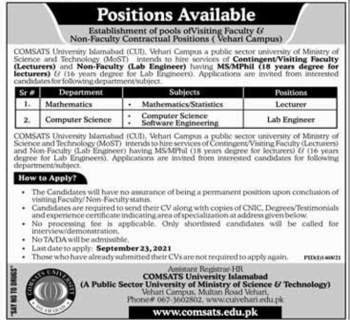 Visiting Lecturers Jobs 2021