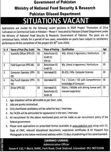 MNFSR Jobs 2021 Ministry of National Food Security & Research